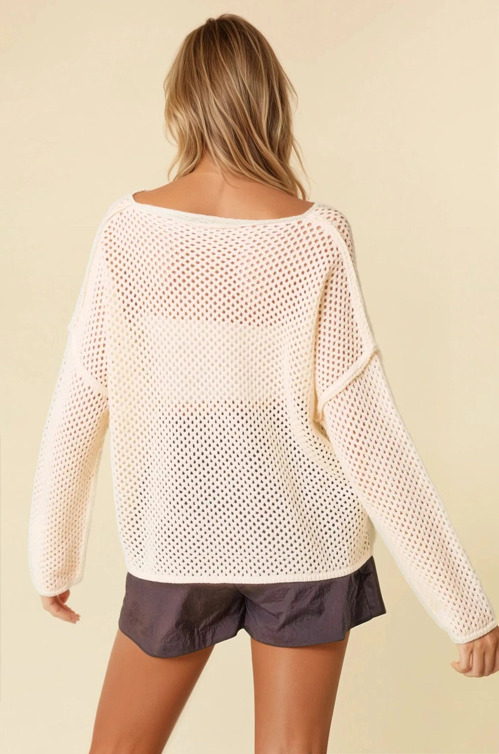 V-Neck Long Sleeve Crochet Sweater Knit Top - Ivory