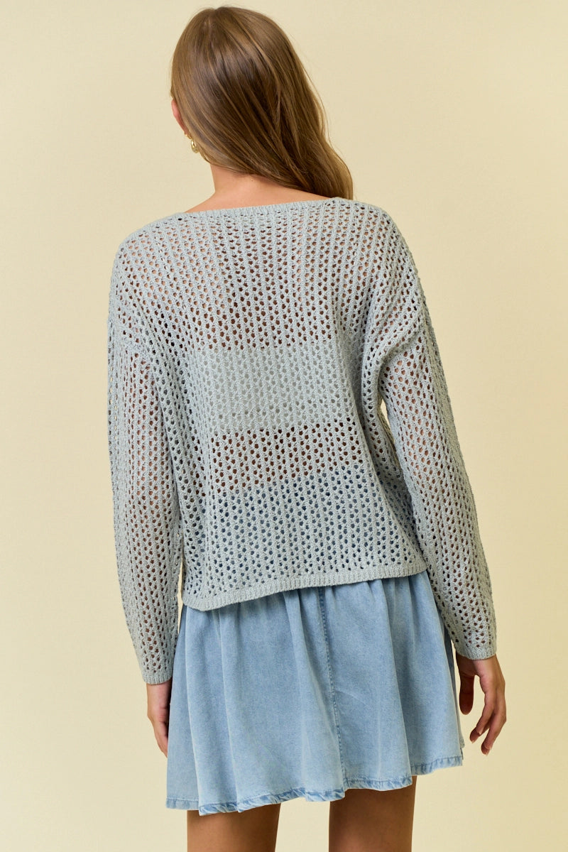 Split V-Neck Long Sleeve Knit Sweater - Grey