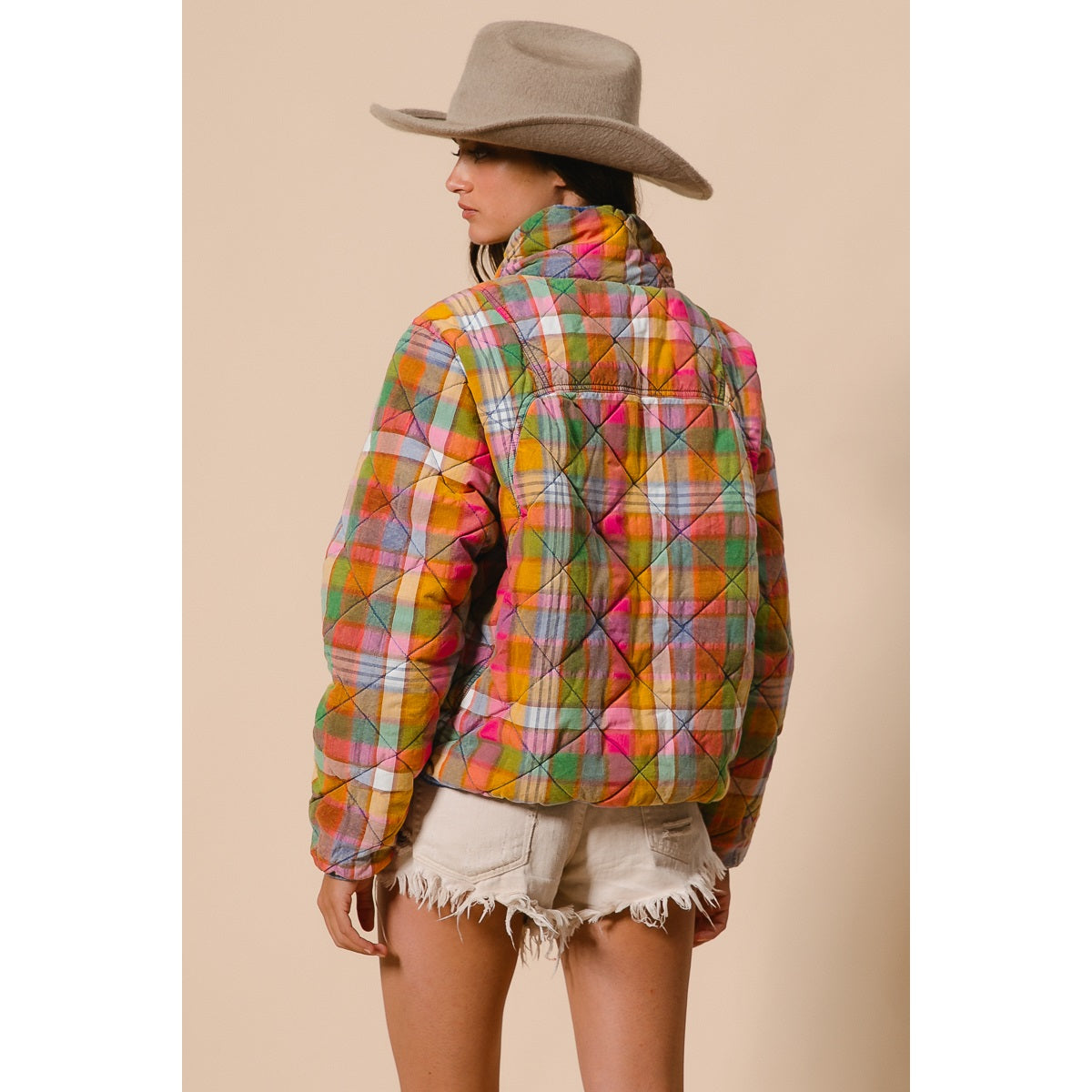 Vintage Plaid Quilted Jacket with Pockets