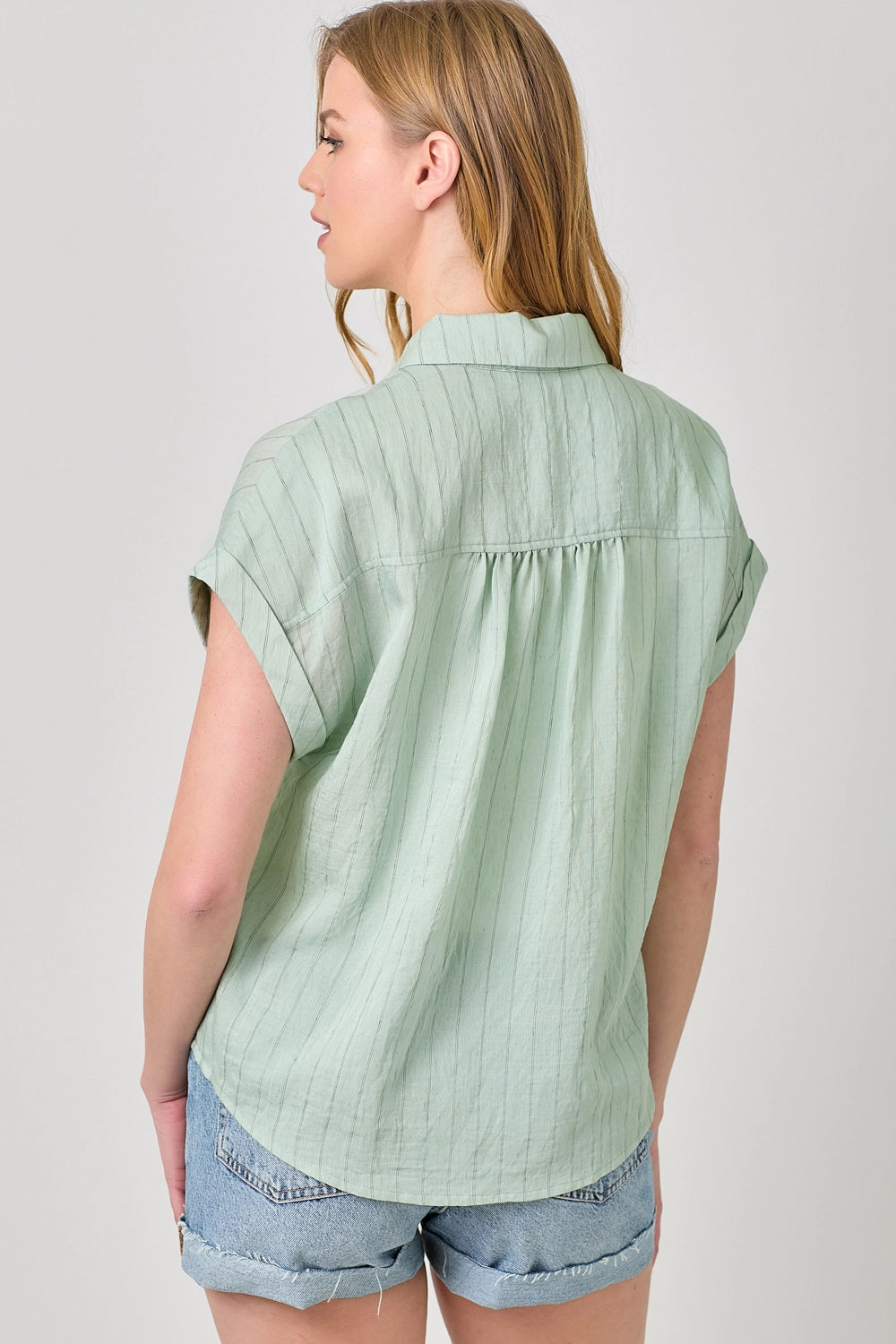 Rolled Up Sleeve Stripe Top - Seafoam
