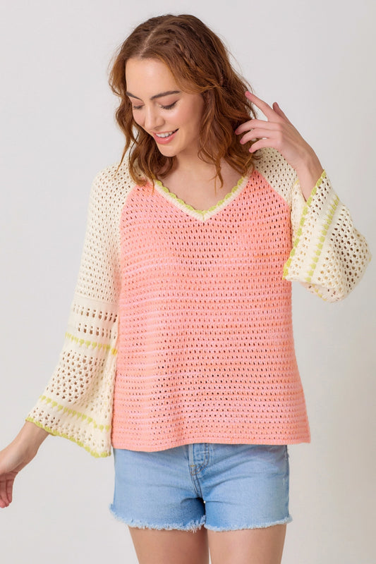Raglan Sleeve Crochet Sweater - Red