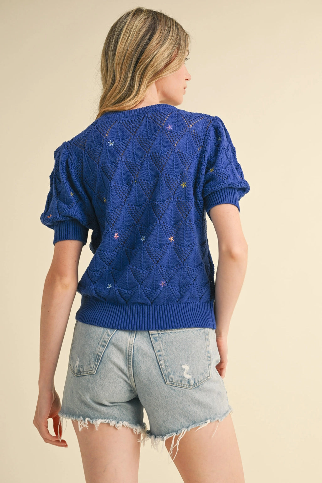 Pointelle Knit Sweater with Floral Embroidery