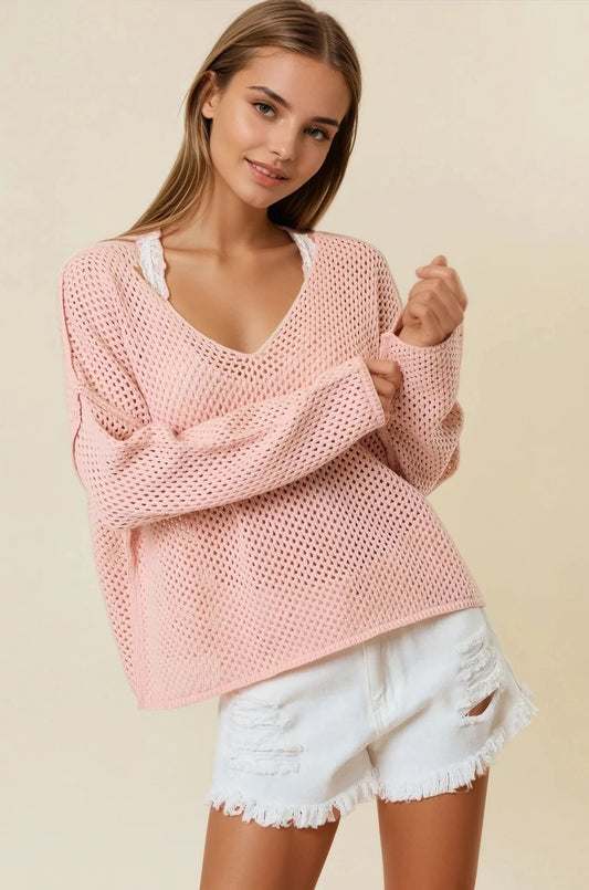 V-Neck Long Sleeve Crochet Sweater Knit Top - Pink
