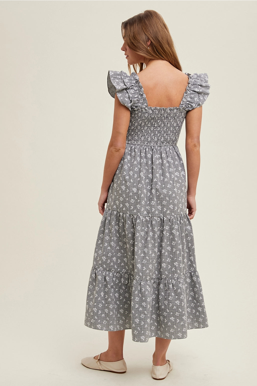 Checkered Floral Midi Dress
