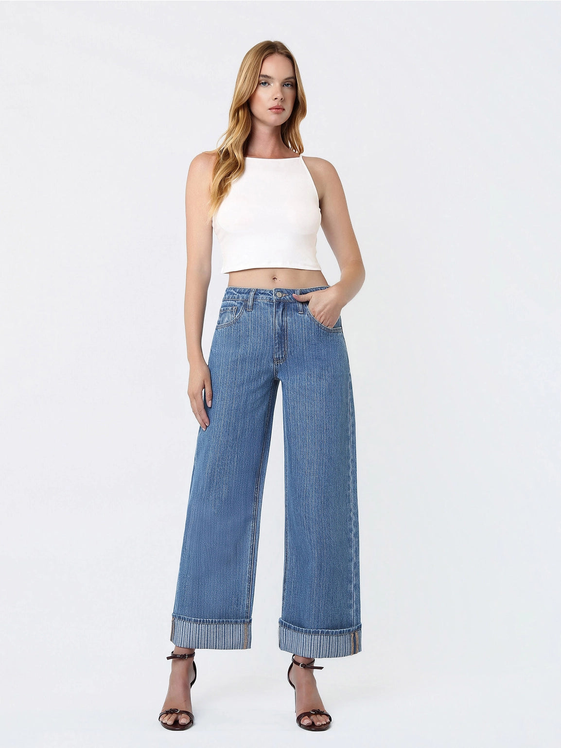 High Rise Cuffed Jacquard Stripe Crop Wide Jeans