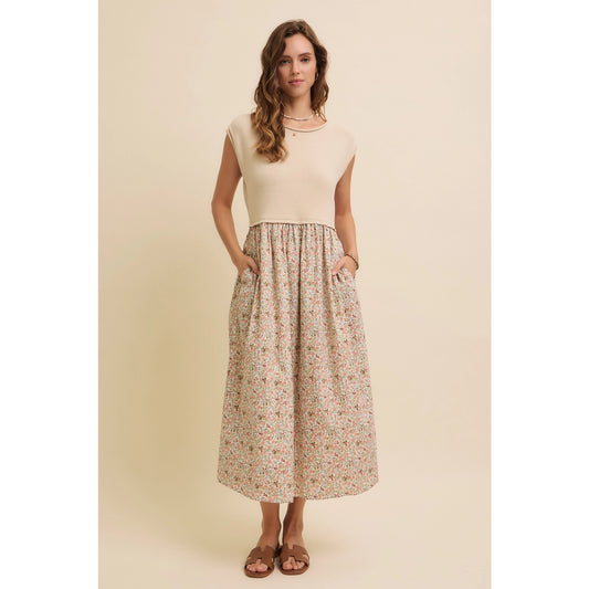 Midi Dress with Sweater Vest and Floral Skirt