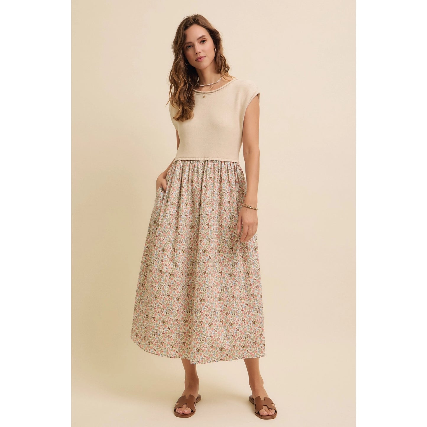 Midi Dress with Sweater Vest and Floral Skirt
