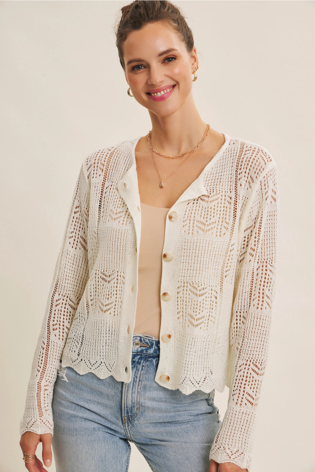 Classic Pointelle Knit Button-Down Cardigan