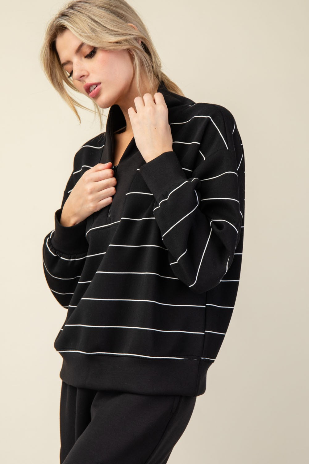 Modal Scuba Stripe V-neck Zipper Top