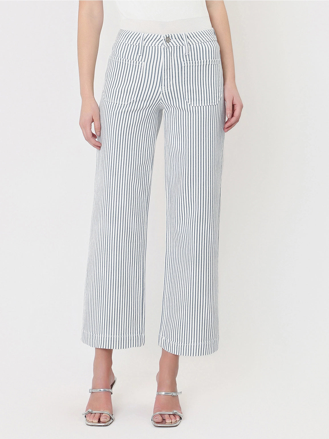 High Rise Patch Pocket Crop Striped Wide Leg Jeans