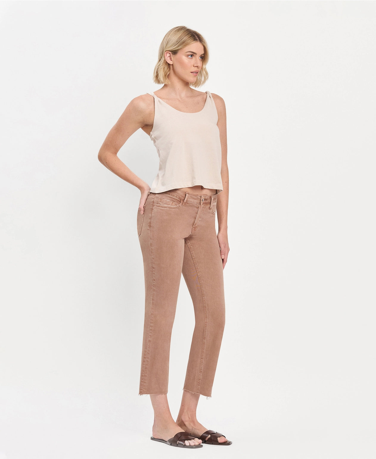 Mid Rise Crop Raw Hem Straight Jeans