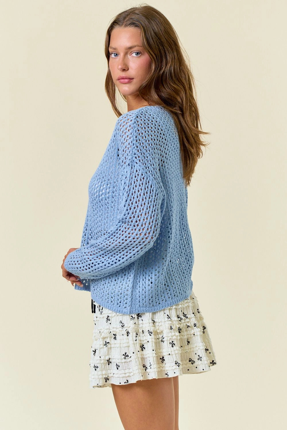 Split V-Neck Long Sleeve Knit Sweater - Blue