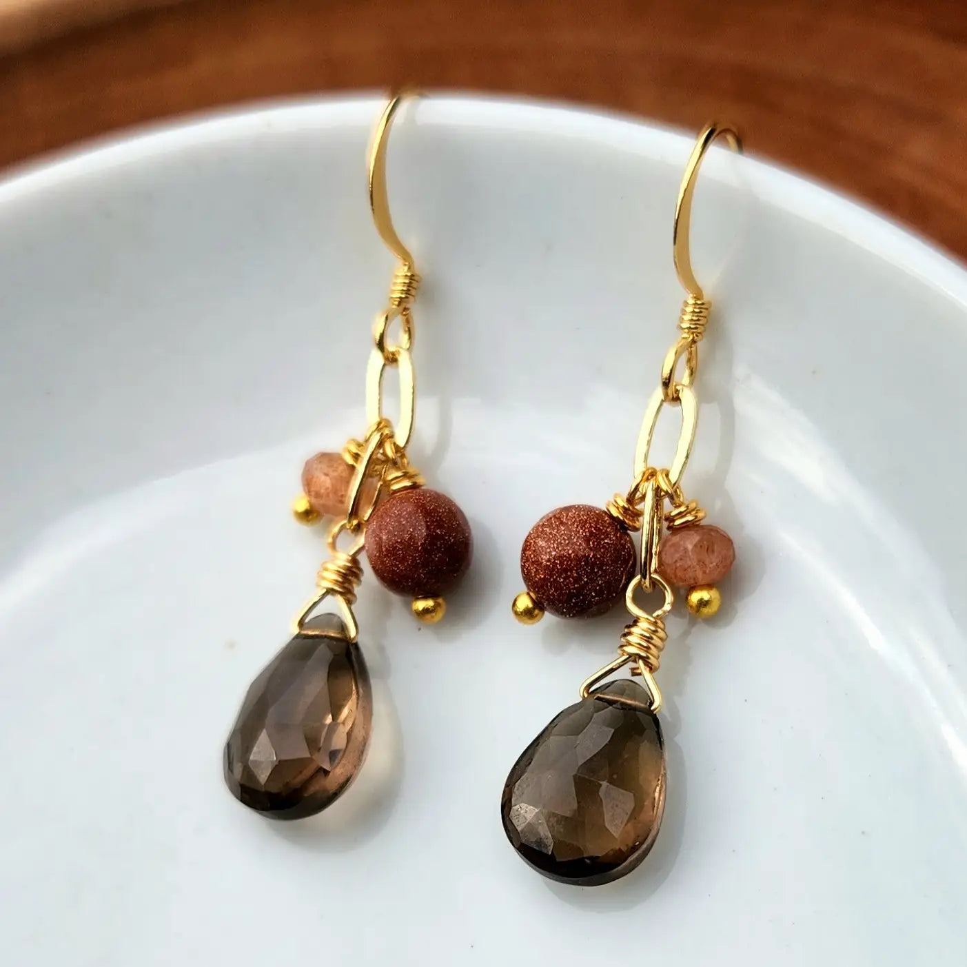Smoky Quartz, Goldstone and Sunstone Cluster Earrings