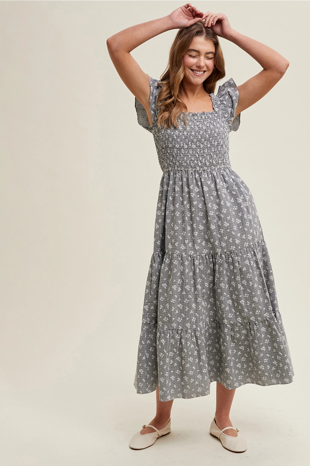Checkered Floral Midi Dress