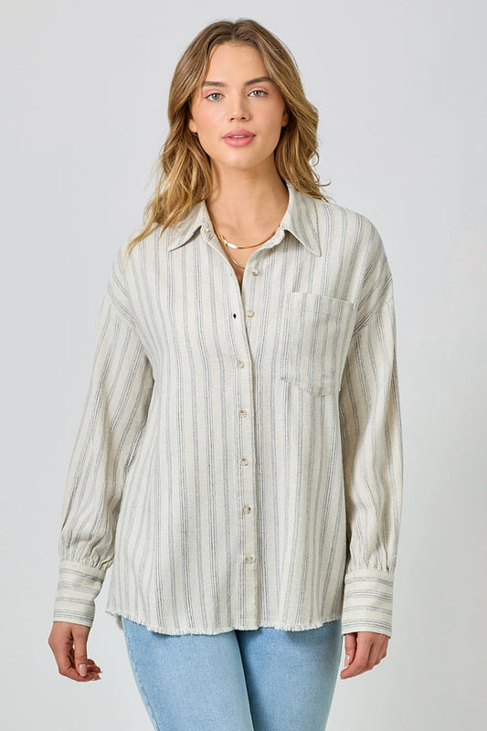 Frayed Fringe Edge Oversized Button Up Shirt