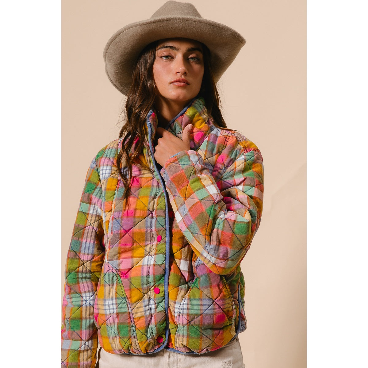 Vintage Plaid Quilted Jacket with Pockets