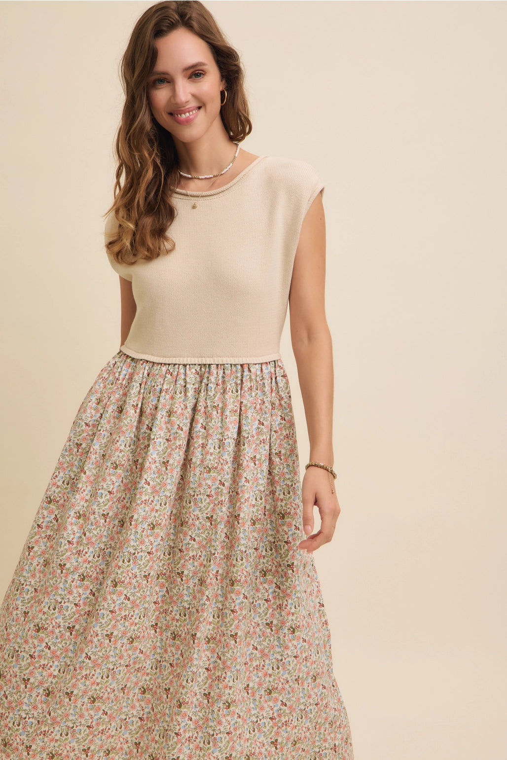 Midi Dress with Sweater Vest and Floral Skirt