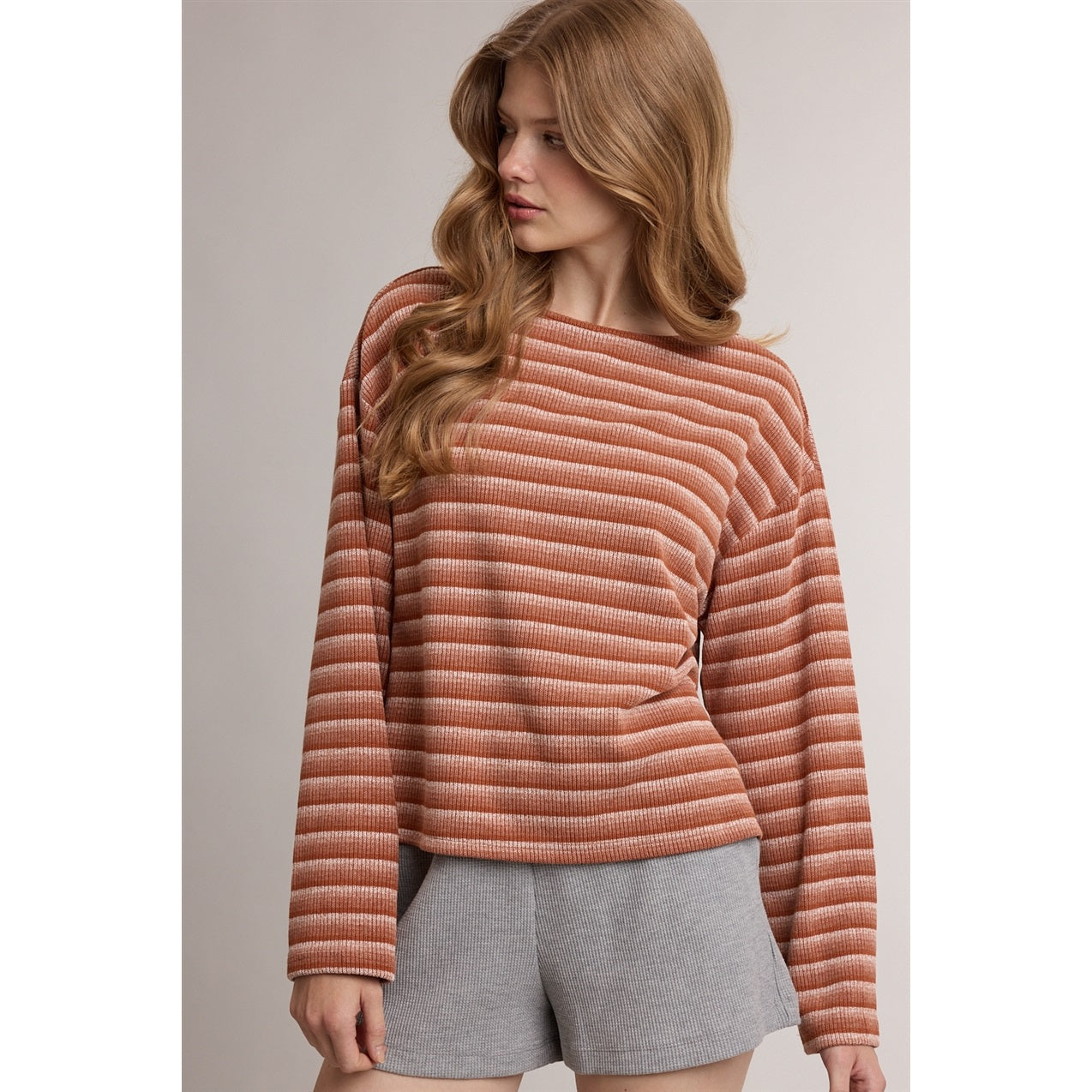 Gradient Stripe Rib Knit Long Sleeve Top