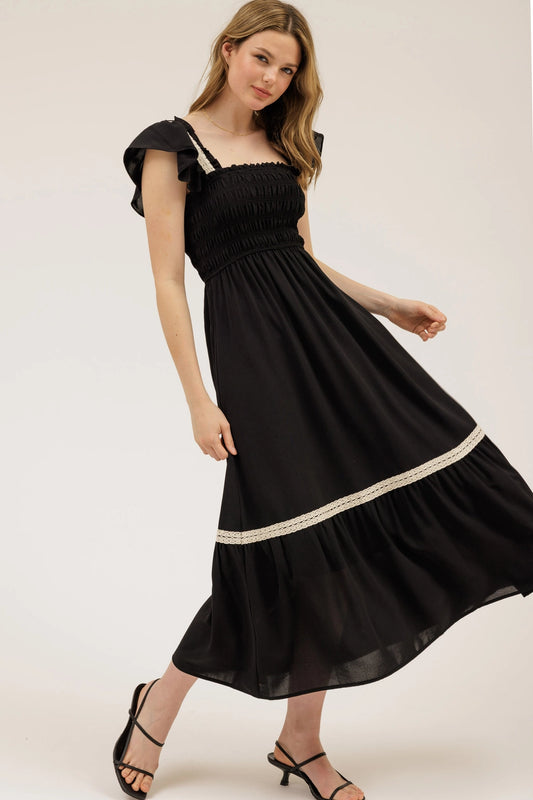 Contrast Detail Smocked Ruffle Midi Dress