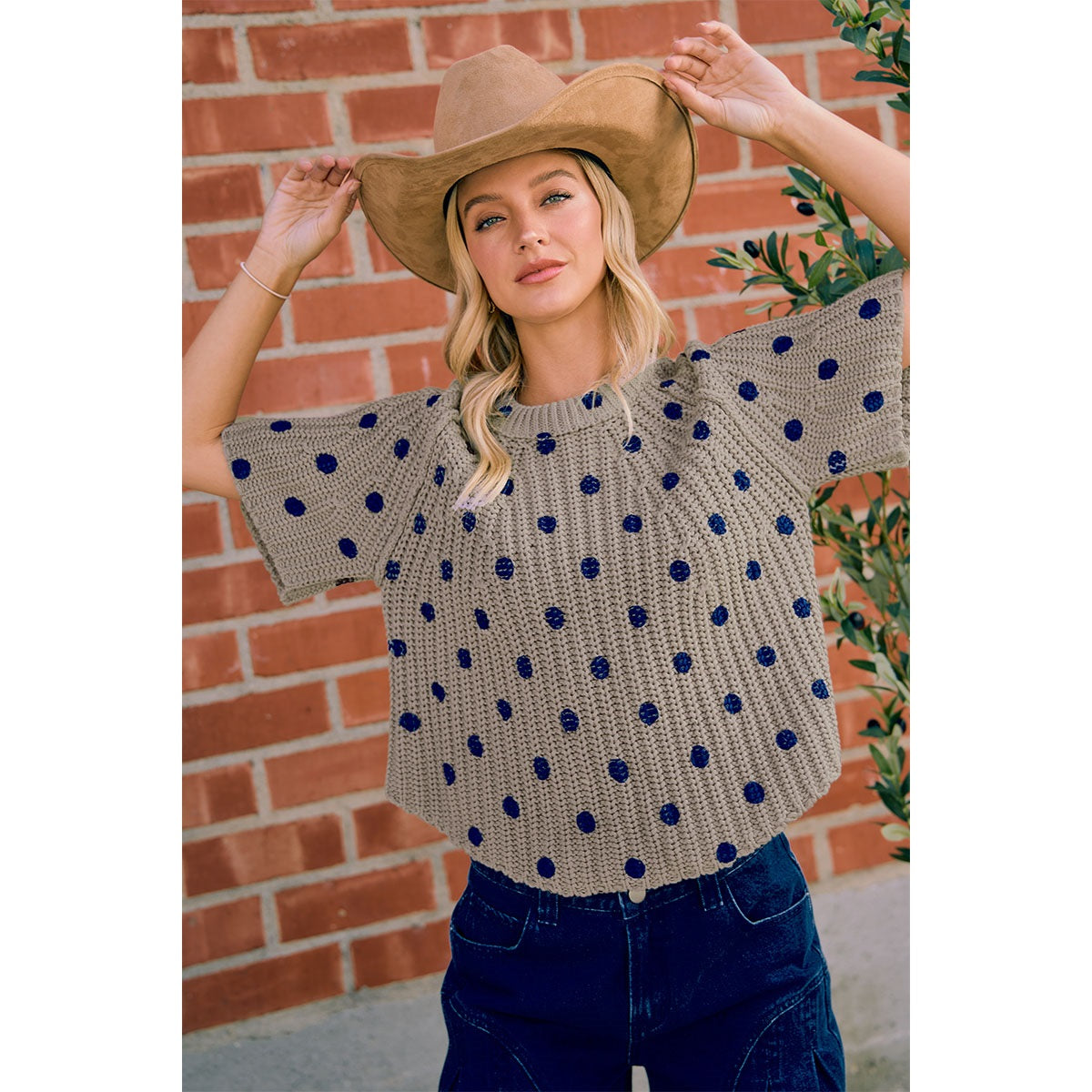 Flared Sleeves Polka Dots Printed Chunky Sweater Top