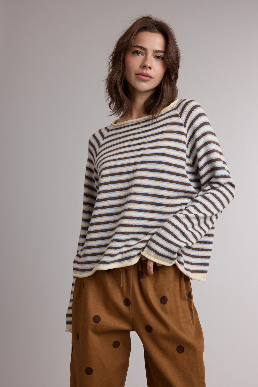 Striped Boat Neck Long Sleeve Knit Sweater