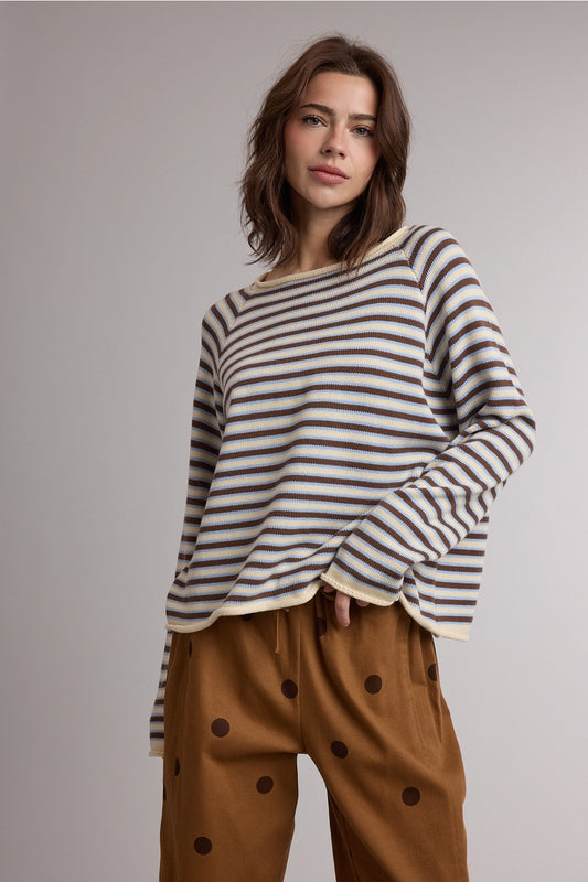 Striped Boat Neck Long Sleeve Knit Sweater