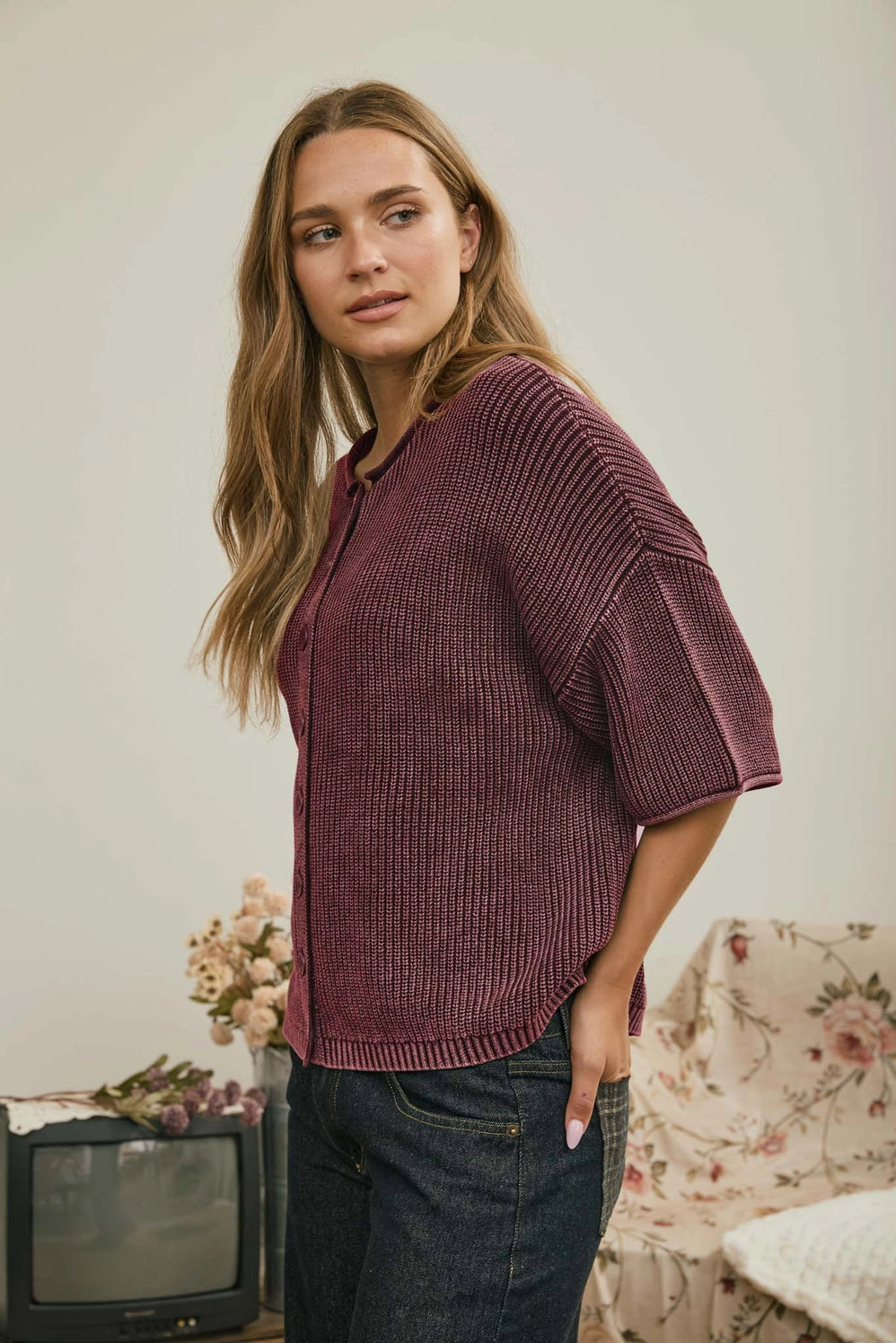 Washed Ribbed Short Sleeve Cardigan - Burgundy