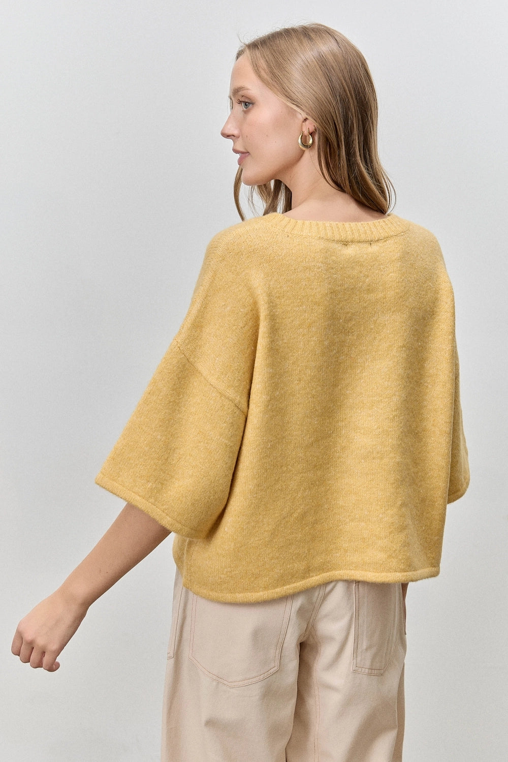 Button Up Short Sleeve Knit Cardigan - Yellow