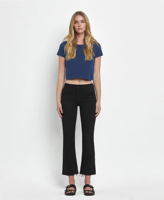 Mid Rise Raw Distressed Hem Crop Flare Jeans