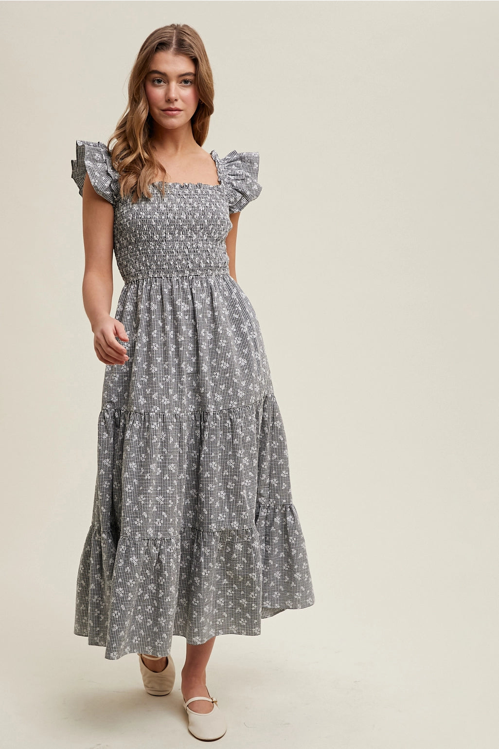 Checkered Floral Midi Dress