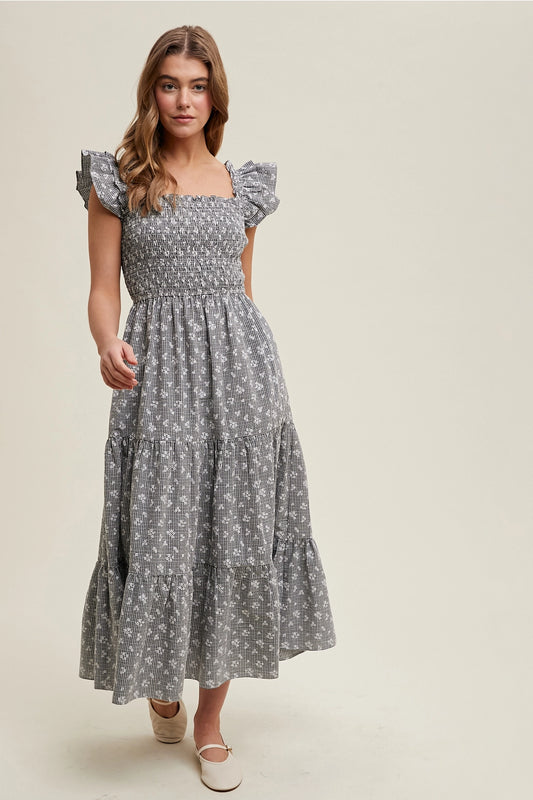 Checkered Floral Midi Dress