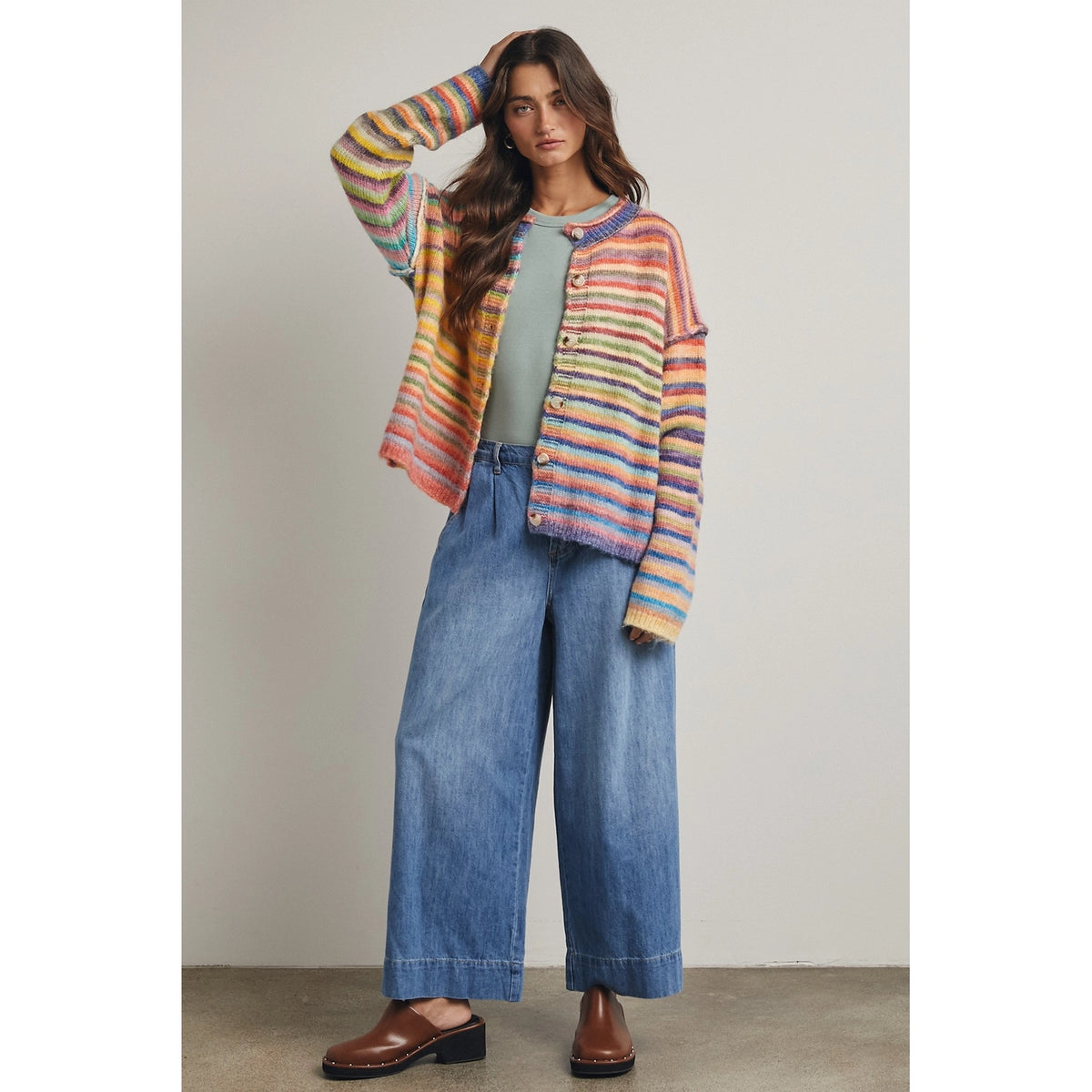 Rainbow Button-Up Knit Sweater Cardigan
