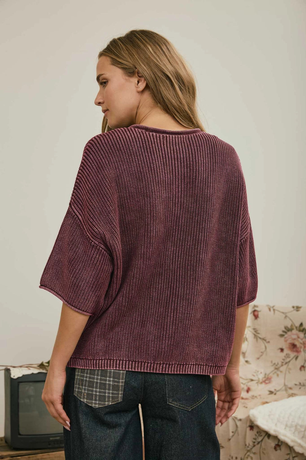 Washed Ribbed Short Sleeve Cardigan - Burgundy