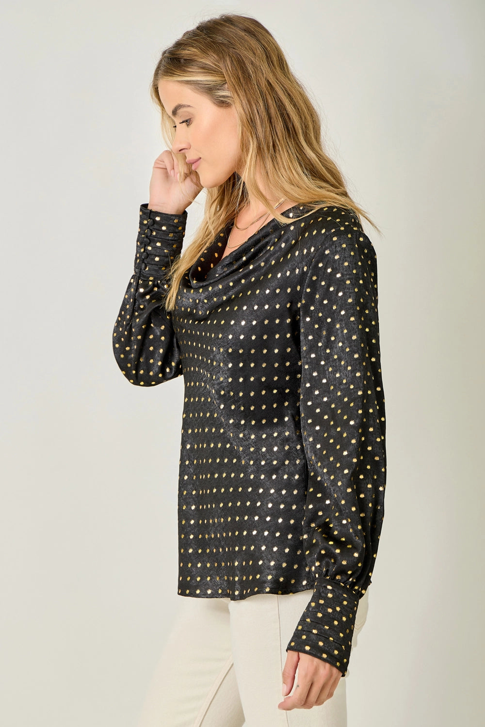 Cowl Neck Embellished Blouse - Black