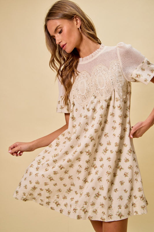 Floral Print Lace Trim Dress