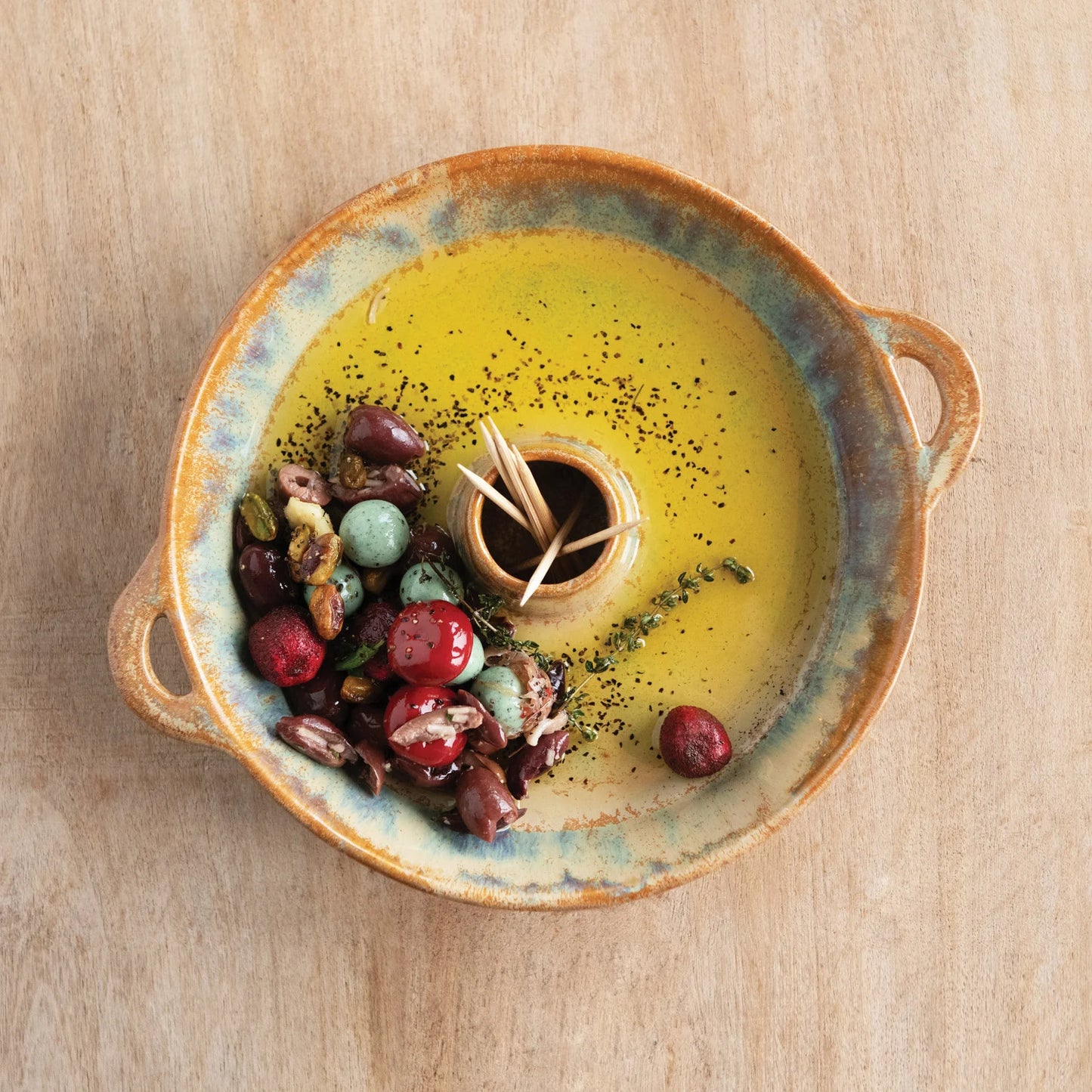 Stoneware Dish with Toothpick Holder with Glaze
