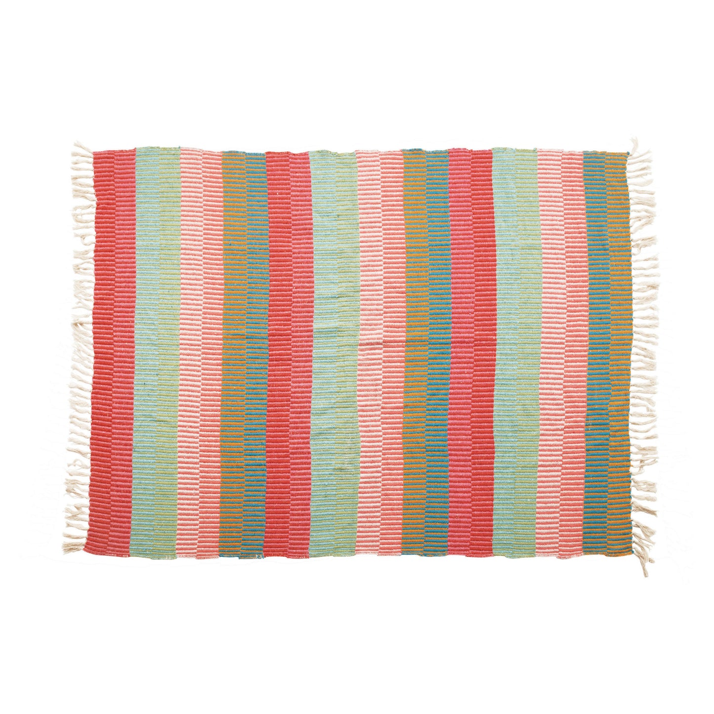 Recycled Cotton Blend Striped Throw with Tassels - Pink/Blue