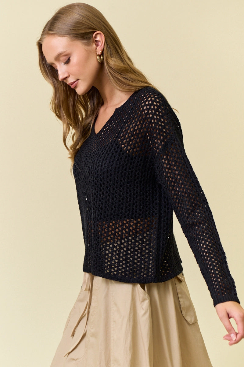 Split V-Neck Long Sleeve Knit Sweater - Black