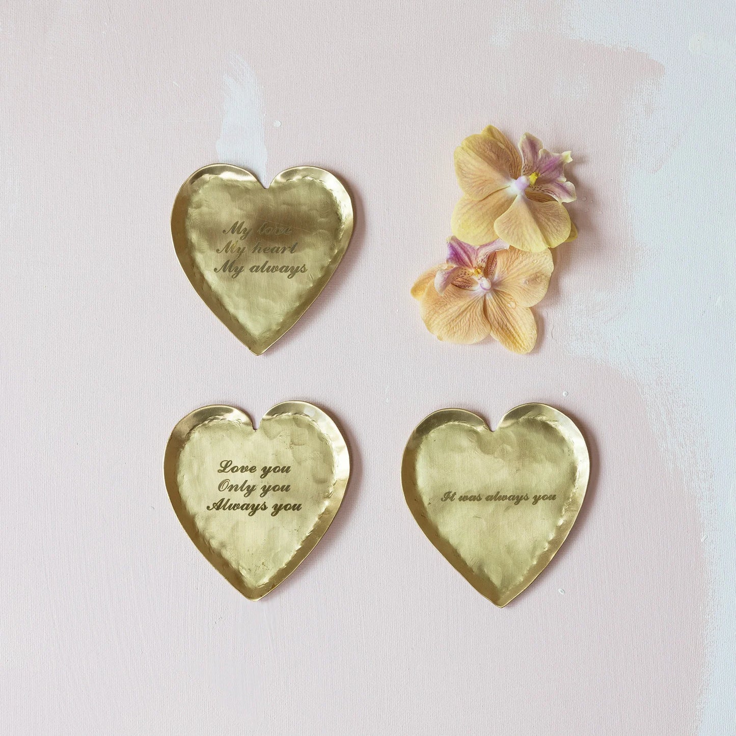 Decorative Hammered Brass Heart Shaped Dish w/ Laser Etched Saying