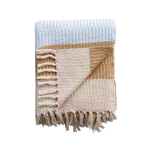 Woven Recycled Cotton Blend Throw w/ Stripes & Fringe - Cream/Brown
