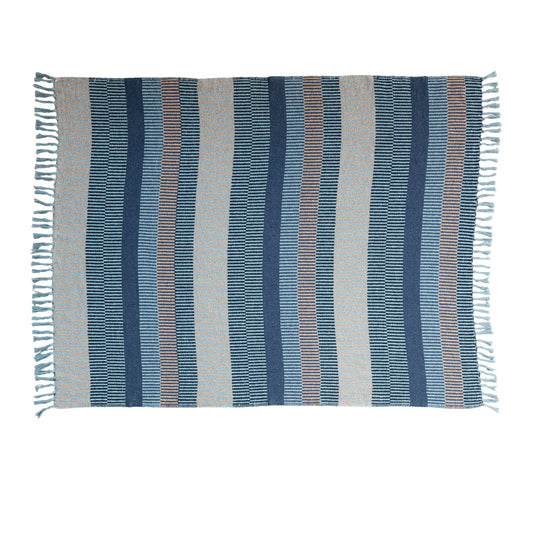 Woven Recycled Cotton Blend Throw w/ Stripes & Fringe - Blue