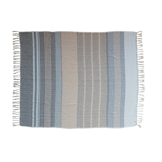 Woven Recycled Cotton Blend Throw w/ Stripes & Fringe - Tan/Blue