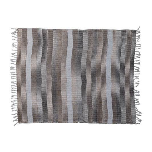 Woven Recycled Cotton Blend Throw w/ Stripes & Fringe - Grey/Brown