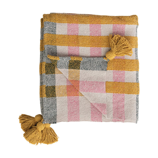 Woven Recycled Cotton Jacquard Throw w/ Tassels Plaid