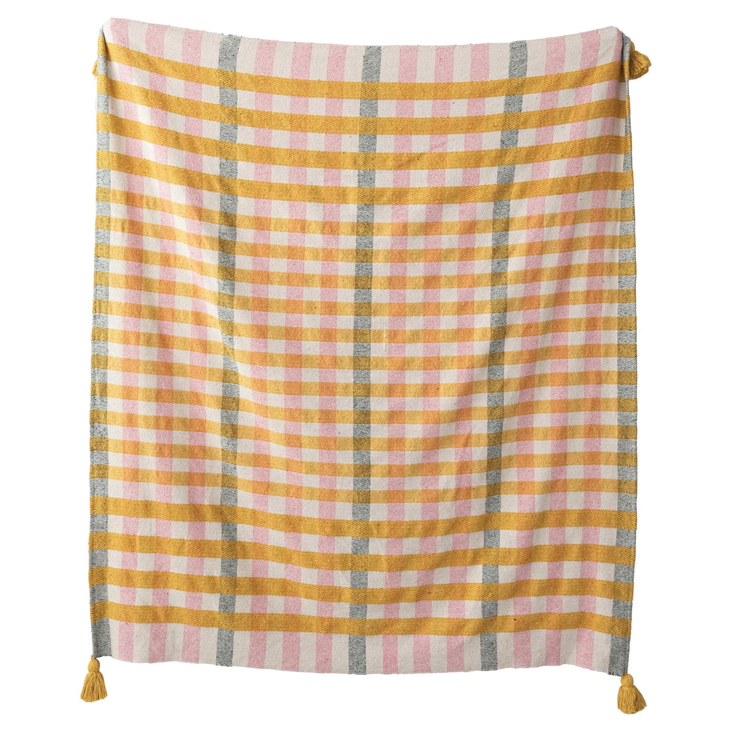 Woven Recycled Cotton Jacquard Throw w/ Tassels Plaid