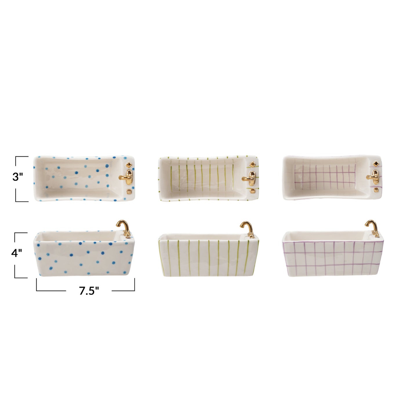 Hand-Painted Stoneware Bathtub Shaped Dish w/ Pattern & Gold Electroplating