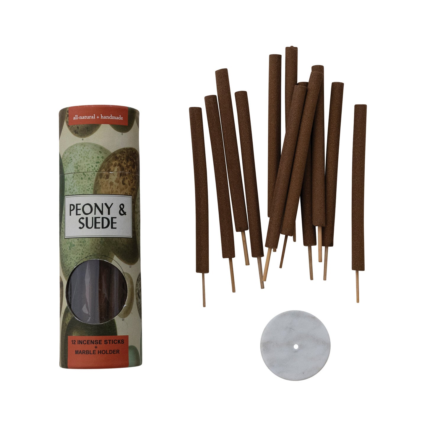 12 Piece Peony & Suede Scented Thick Incense Sticks with Marble Incense Holder