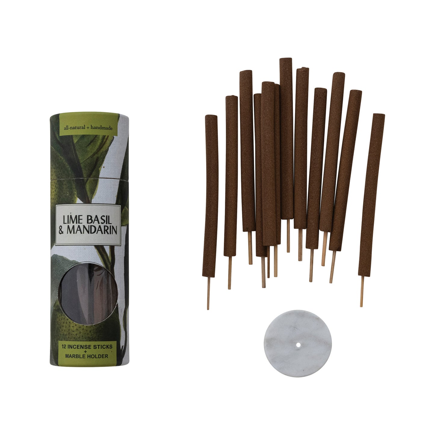 12 Piece Lime Basil & Mandarin Scented Incense Sticks with Marble Incense Holder