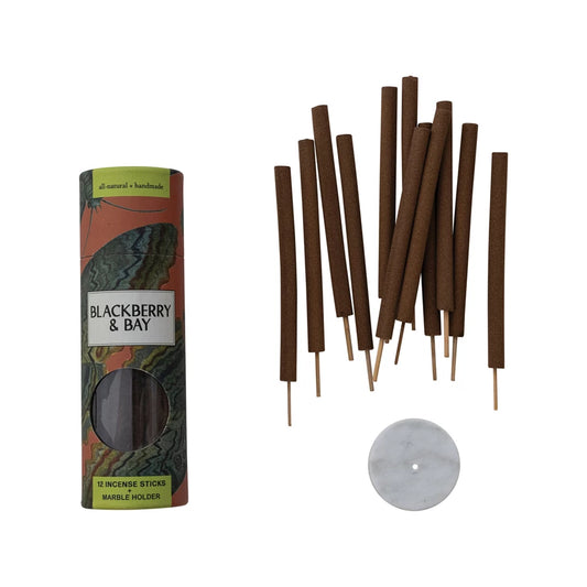 12 Piece Blackberry & Bay Scented Thick Incense Sticks with Marble Incense Holder