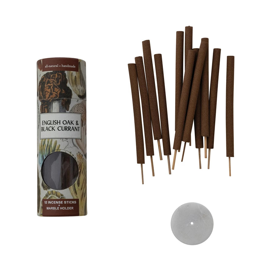 12 Piece English Oak & Black Currant Scented Incense Sticks with Holder